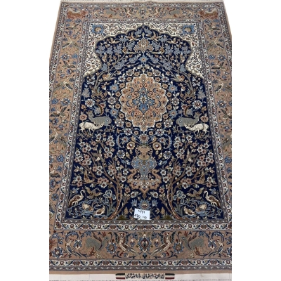 Close-up view of the fine craftsmanship on the Limited Edition Persian Rug with blue and brown motifs