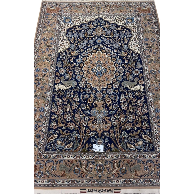 Close-up view of the fine craftsmanship on the Limited Edition Persian Rug with blue and brown motifs