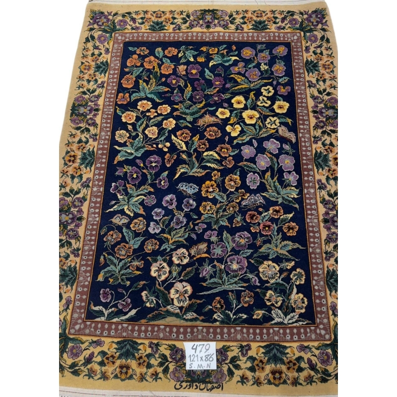 Persian Isfahan floral rug with vibrant pansy and butterfly design.
