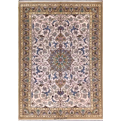 Beige and blue wool Persian rug, handmade in Isfahan, 130x100 cm
