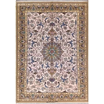 Beige and blue wool Persian rug, handmade in Isfahan, 130x100 cm
