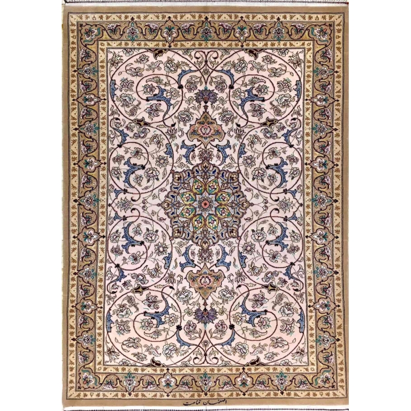 Beige and blue wool Persian rug, handmade in Isfahan, 130x100 cm