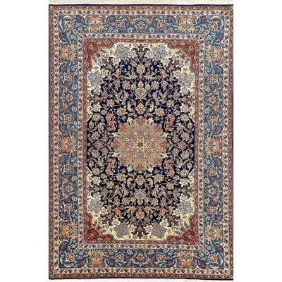 Vintage Persian rug handmade in Isfahan, featuring a traditional medallion design.
