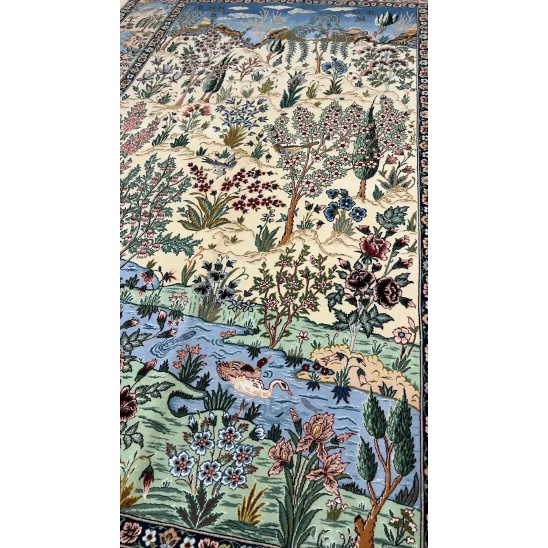 "Persian landscape scene rug with silk highlights, handwoven in Isfahan, Iran."