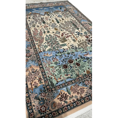 "Premium handmade Persian rug with trees, ducks, rivers, and nature patterns on a soft cream background."