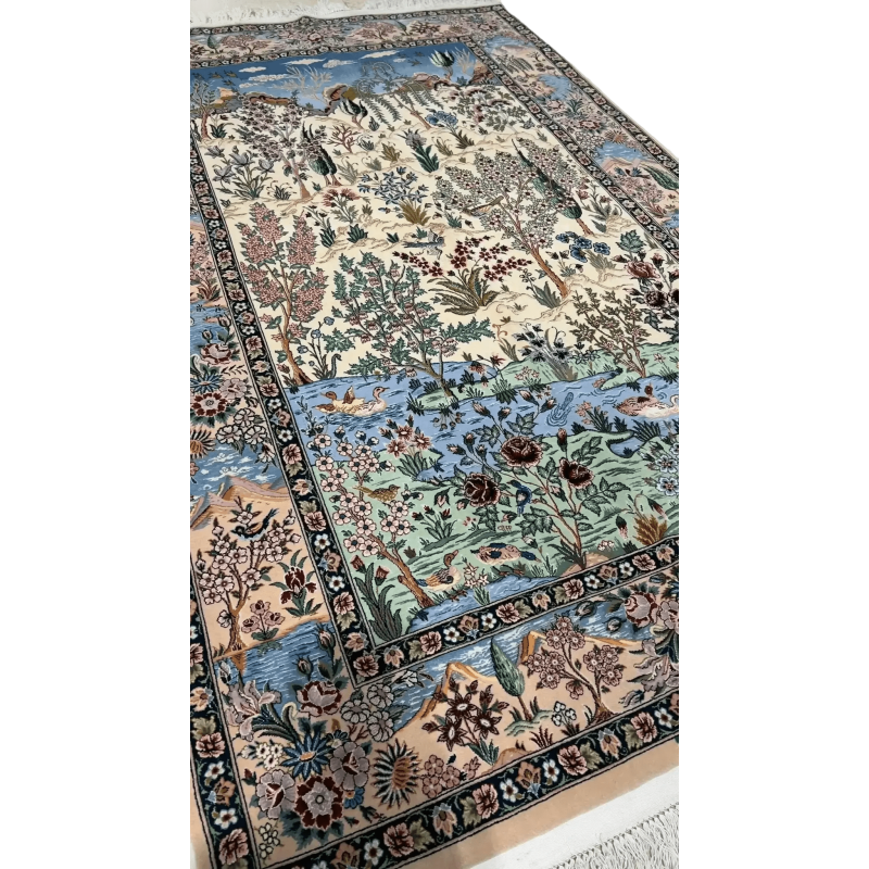 "Premium handmade Persian rug with trees, ducks, rivers, and nature patterns on a soft cream background."