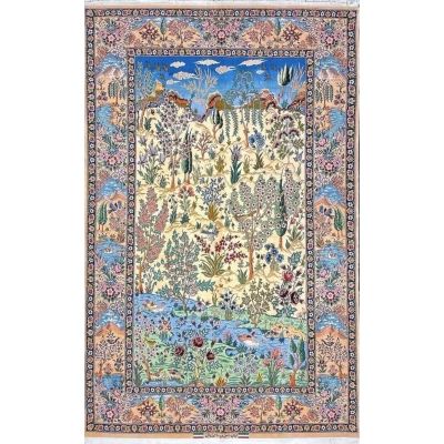 "Hand-knotted Isfahan Persian rug by Master Zojaji, featuring an intricate landscape and nature-inspired design."