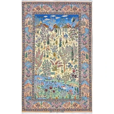"Hand-knotted Isfahan Persian rug by Master Zojaji, featuring an intricate landscape and nature-inspired design."