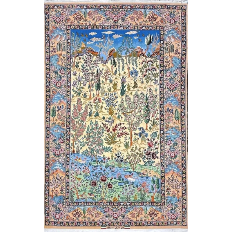 "Hand-knotted Isfahan Persian rug by Master Zojaji, featuring an intricate landscape and nature-inspired design."