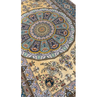 "Close-up of intricate silk field on Isfahan rug with traditional Persian designs."