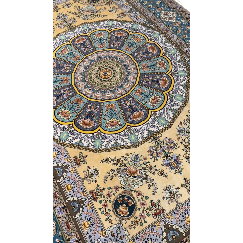 "Close-up of intricate silk field on Isfahan rug with traditional Persian designs."