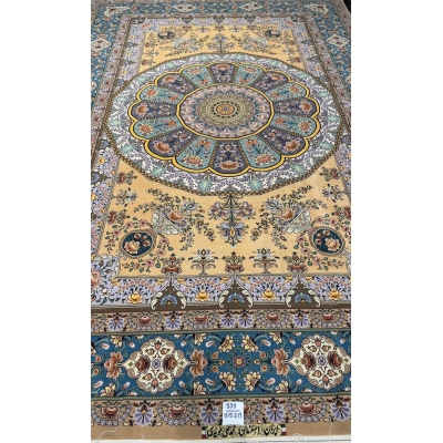 "Hand-knotted Isfahan rug by Master Moeidie, featuring silk floral patterns, 7.9 x 5.1 feet."