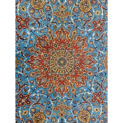 "Close-up of intricate knotwork on authentic Persian rug with natural dye, Isfahan origin."