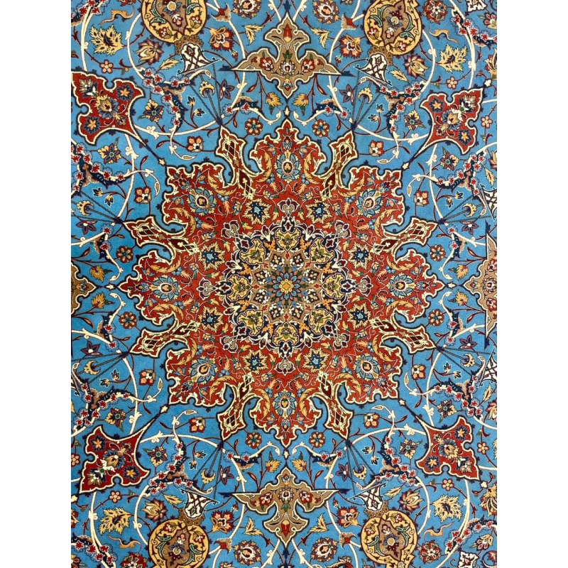 "Close-up of intricate knotwork on authentic Persian rug with natural dye, Isfahan origin."