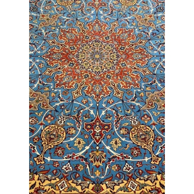 "Close-up of natural dyed wool and silk blend in red and blue Persian rug."