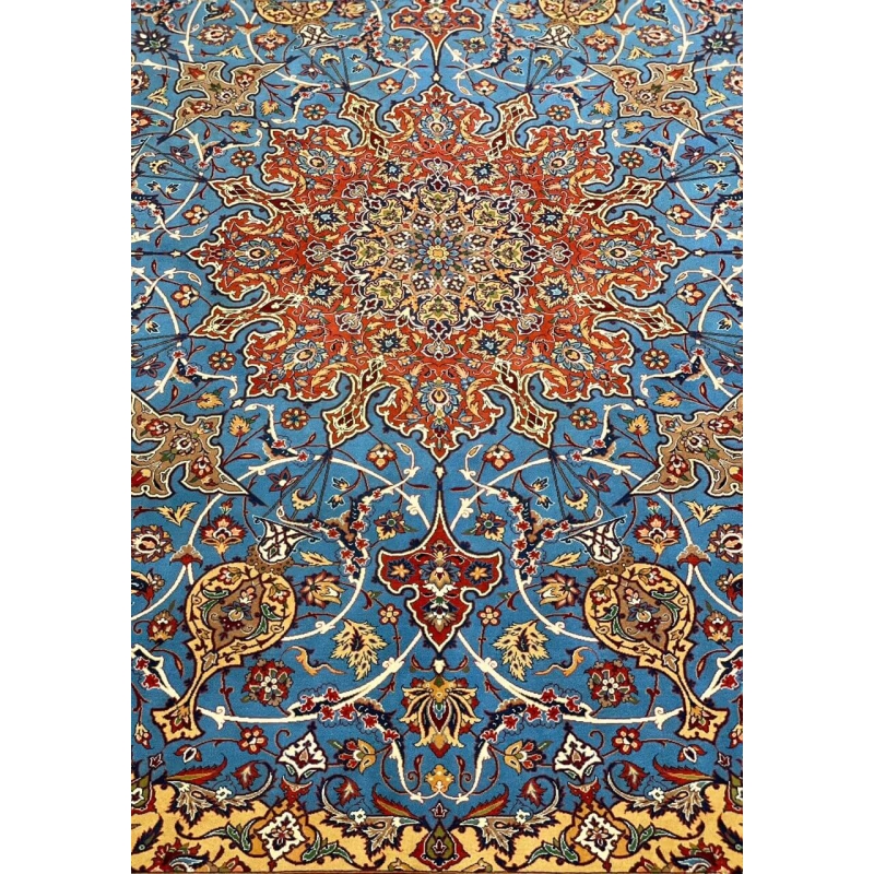 "Close-up of natural dyed wool and silk blend in red and blue Persian rug."