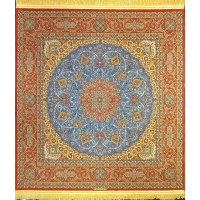 "Hand-knotted red and blue Persian rug, 250x250 cm, crafted by Grand Master Ahmad Shabpour."
