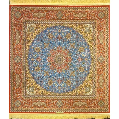 "Hand-knotted red and blue Persian rug, 250x250 cm, crafted by Grand Master Ahmad Shabpour."
