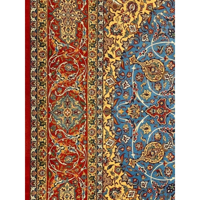 "Authentic Persian rug laid flat, 250x250 cm, red and blue with intricate designs."