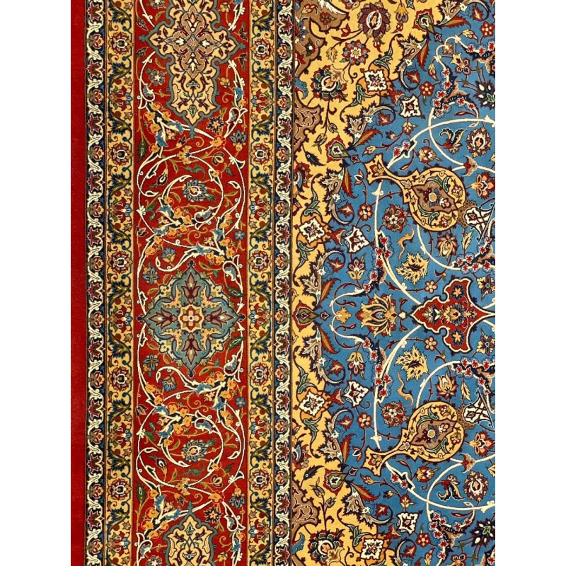 "Authentic Persian rug laid flat, 250x250 cm, red and blue with intricate designs."
