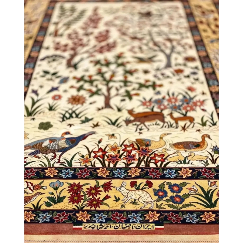 "Luxury Persian rug crafted by Ahmad Shahabpour, featuring detailed bird and floral motifs, 5 x 3.3 feet."