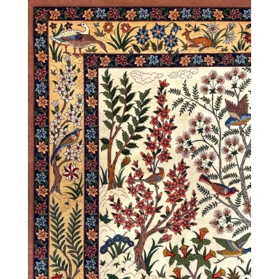 "Elegant handmade Persian rug from Isfahan, designed with a silk and wool blend, showcasing vibrant patterns, 150 x 100 cm."