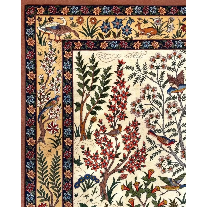 "Elegant handmade Persian rug from Isfahan, designed with a silk and wool blend, showcasing vibrant patterns, 150 x 100 cm."
