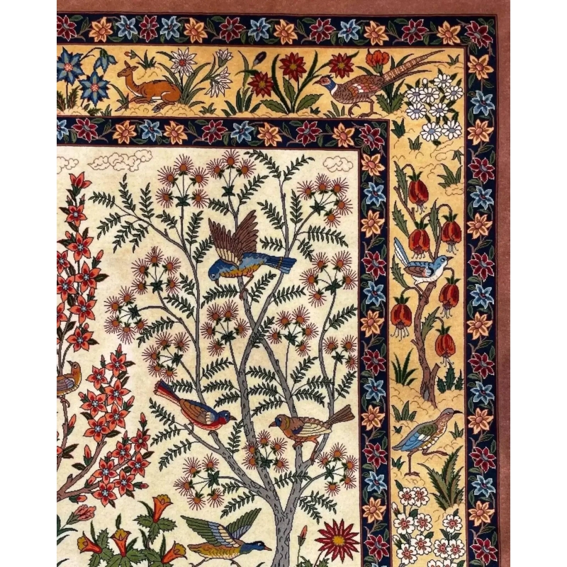 "Authentic Persian area rug by Grand Master Shahabpour, featuring intricate designs, handwoven in Isfahan, 150 x 100 cm."