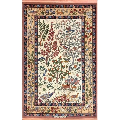 "Hand-knotted Persian Isfahan rug by Master Shahabpour, made from silk and wool with intricate floral patterns, 150 x 100 cm."
