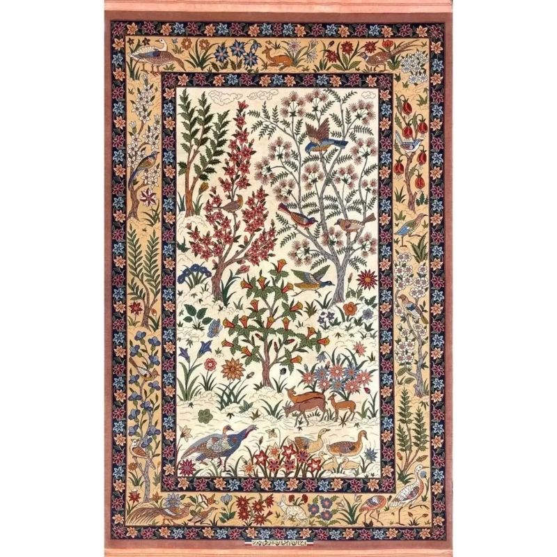 "Hand-knotted Persian Isfahan rug by Master Shahabpour, made from silk and wool with intricate floral patterns, 150 x 100 cm."