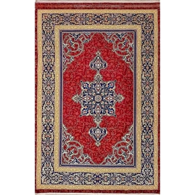 Persian Area Rug by Ali Reza Haghighie - Top view of an intricate handmade Persian rug featuring a central medallion design, woven with wool and silk in rich red, navy, and gold hues.

