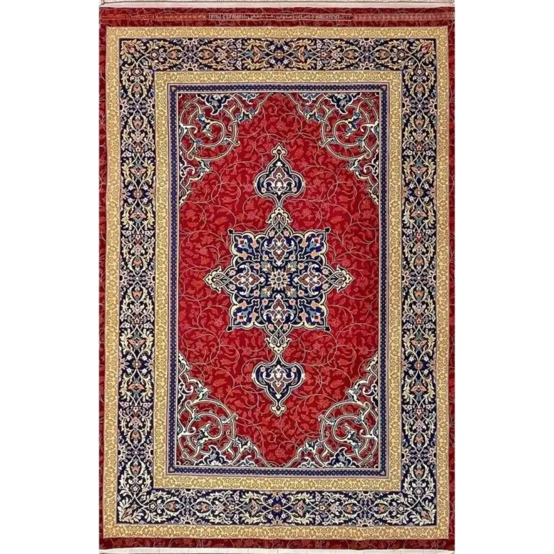 Persian Area Rug by Ali Reza Haghighie - Top view of an intricate handmade Persian rug featuring a central medallion design, woven with wool and silk in rich red, navy, and gold hues.