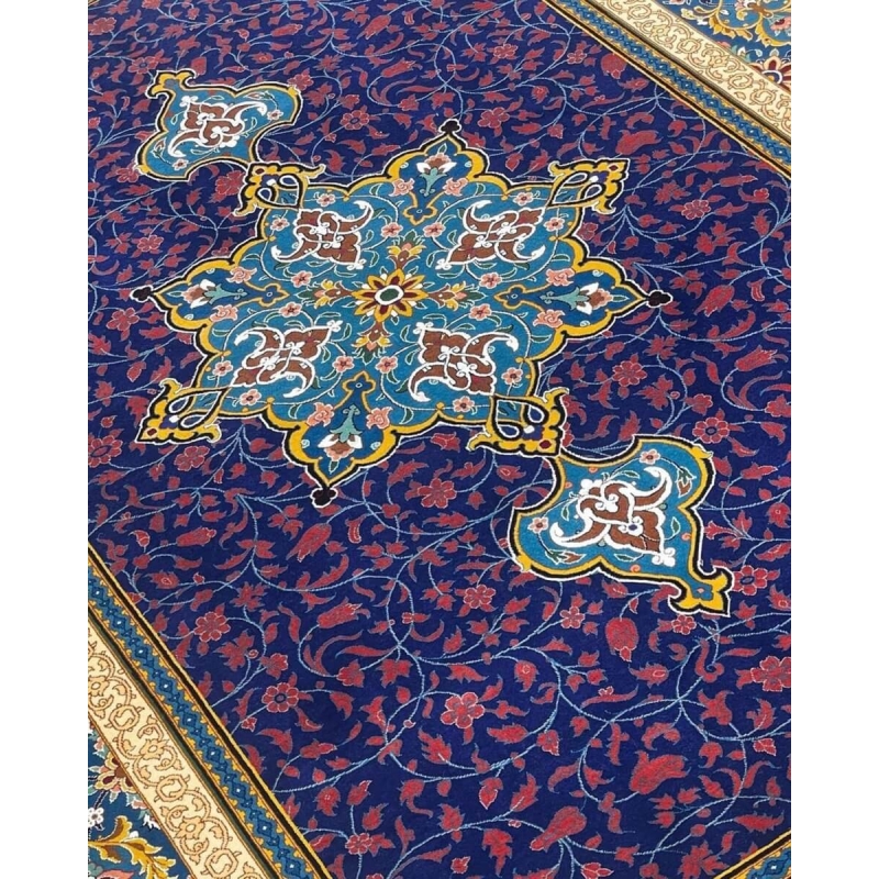 "Handmade luxury designer rug in blue and gold from Isfahan"