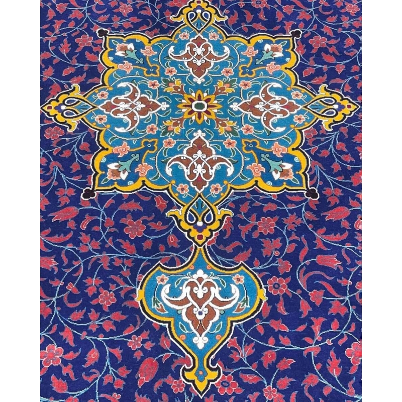 Persian Silk and Wool Rug - A close-up of the rug's border showcasing the elegant design, vibrant floral motifs, and superior craftsmanship in blue, gold, and cream tones.