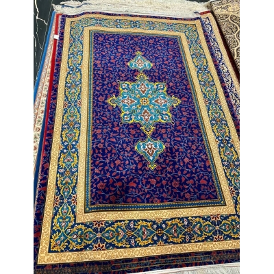 Contemporary Persian Area Rug - Full view of the hand-knotted Persian rug, featuring a rich blue background with floral motifs and a central medallion, perfect for adding elegance to any space.