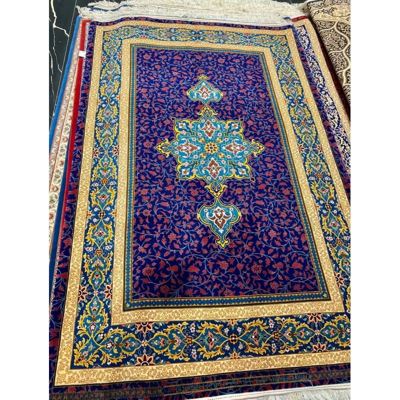 Contemporary Persian Area Rug - Full view of the hand-knotted Persian rug, featuring a rich blue background with floral motifs and a central medallion, perfect for adding elegance to any space.