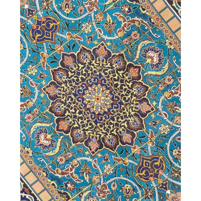 "Close-up view of the hand-knotted Isfahan rug, highlighting the detailed patterns and silk warp."