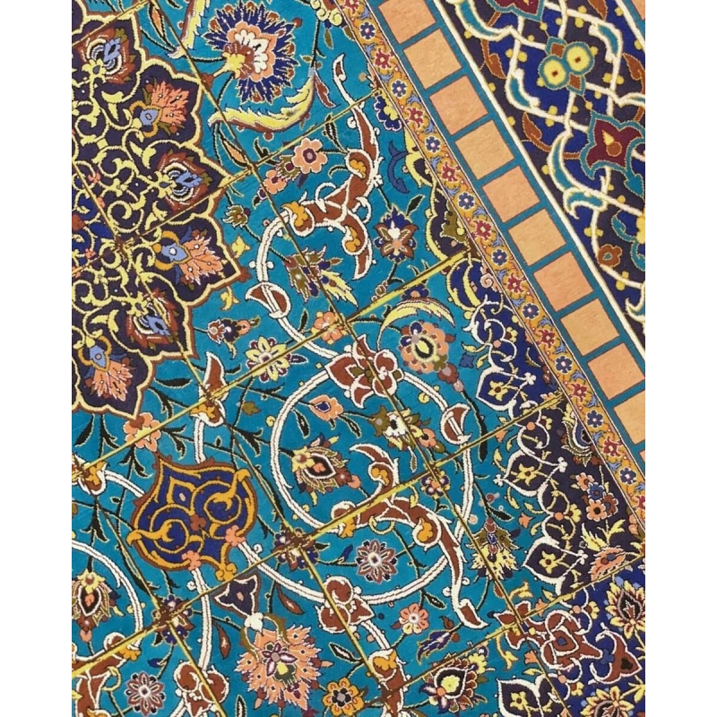 "Handmade Isfahan silk rug 220x150 cm by Grandmaster Haghighie featuring intricate Persian designs."
