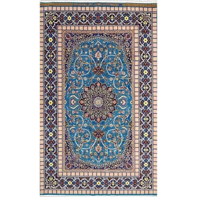 "Full view of the handmade silk and wool Persian rug, crafted by Grandmaster Haghighie."