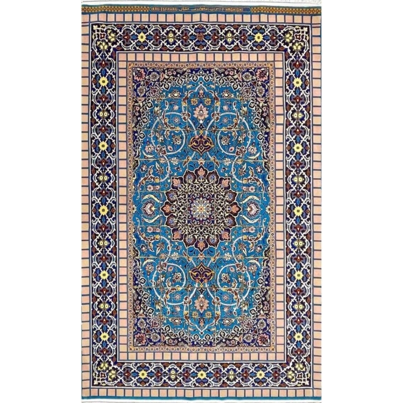 "Full view of the handmade silk and wool Persian rug, crafted by Grandmaster Haghighie."