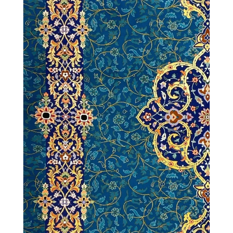 Exquisite Handwoven Persian Rug - Full view of a luxurious Persian rug, featuring intricate floral and medallion patterns in shades of blue, gold, and red, handmade with silk and wool.