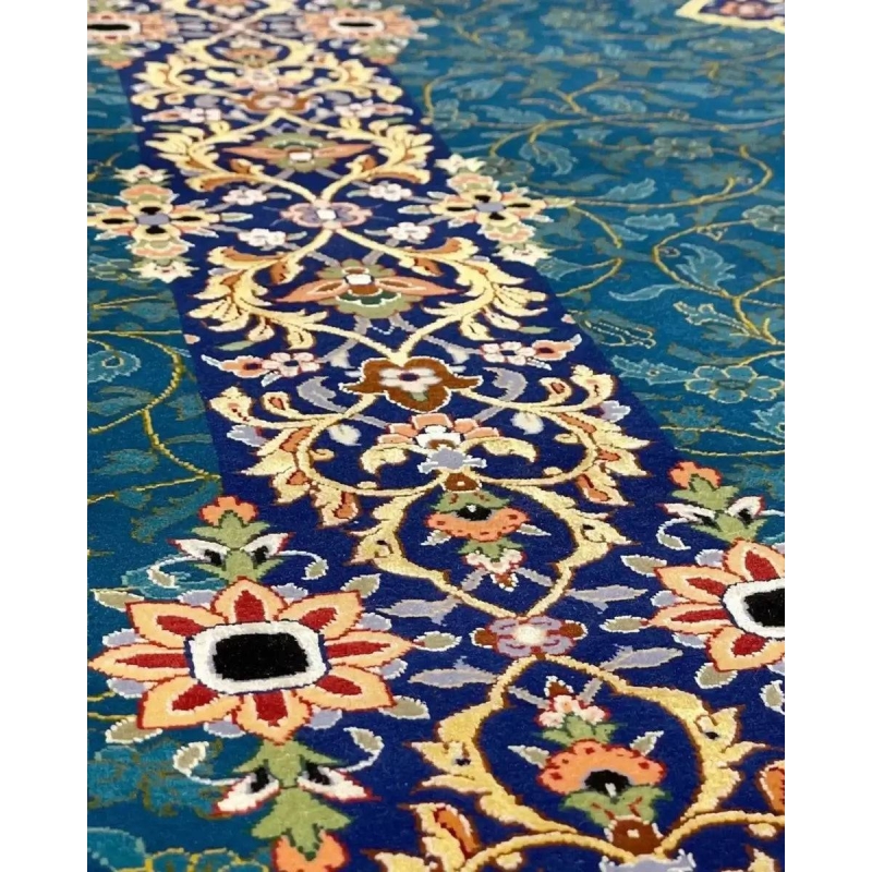 "Persian rug with intricate blue and gold floral patterns, crafted by a master weaver"