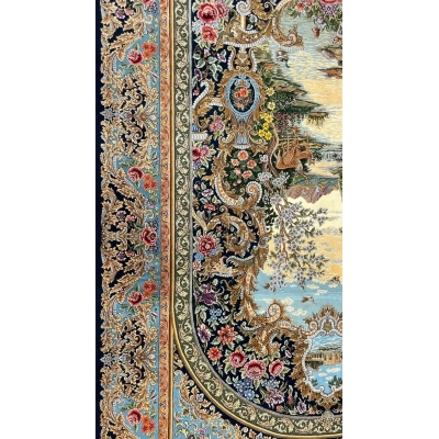 "Luxurious Isfahan Persian rug by Mirzaie – 7.5x5.2 feet, hand-knotted wool and silk masterpiece"