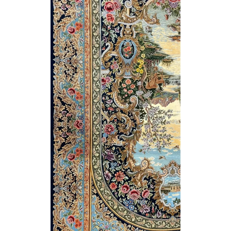 "Luxurious Isfahan Persian rug by Mirzaie – 7.5x5.2 feet, hand-knotted wool and silk masterpiece"