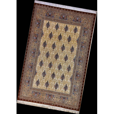 Angled view of a luxurious Persian rug with a rich blend of silk and wool, showcasing intricate patterns and craftsmanship. Designed by the late master Hassan Dardashtie, this rug is a rare collector's piece.