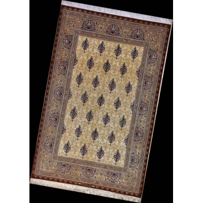 Angled view of a luxurious Persian rug with a rich blend of silk and wool, showcasing intricate patterns and craftsmanship. Designed by the late master Hassan Dardashtie, this rug is a rare collector's piece.