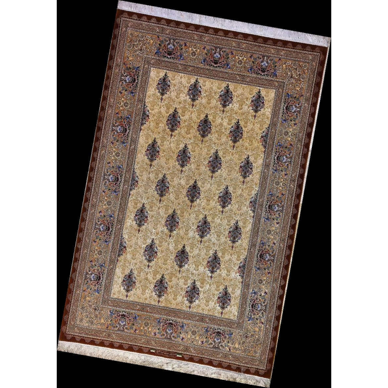 Angled view of a luxurious Persian rug with a rich blend of silk and wool, showcasing intricate patterns and craftsmanship. Designed by the late master Hassan Dardashtie, this rug is a rare collector's piece.