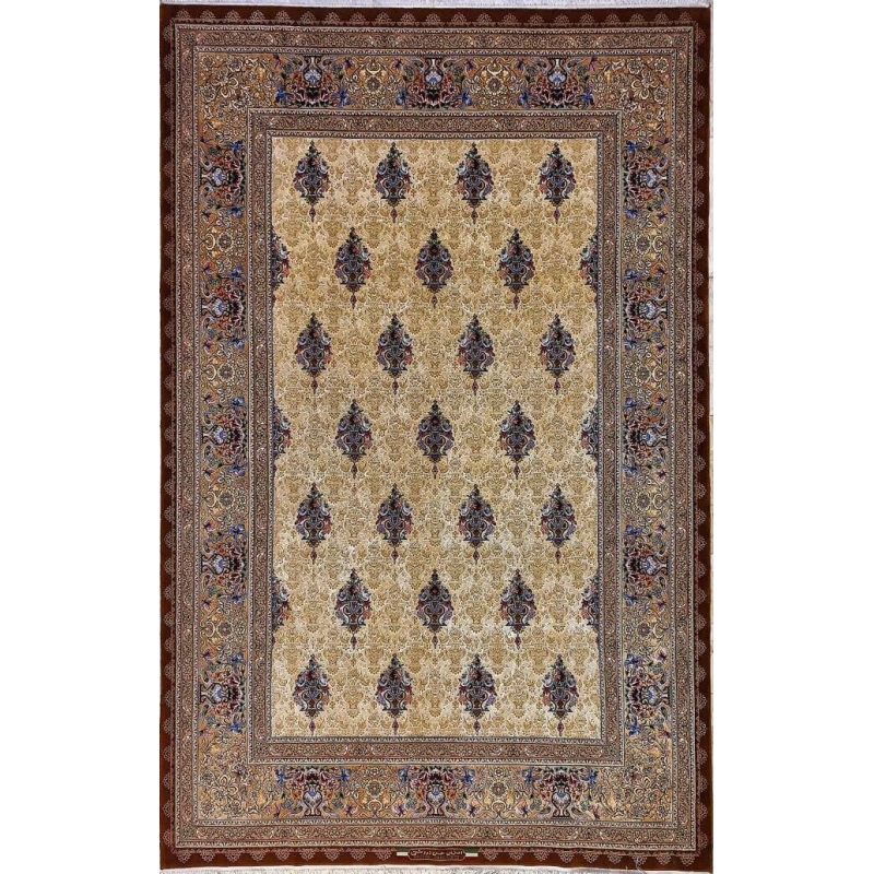 Top view of a rare Persian rug crafted by the late master Hassan Dardashtie, featuring intricate silk and wool patterns in vibrant colors. The rug is a luxurious addition to any room.