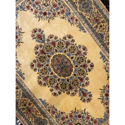 Handwoven Persian silk rug featuring top floral artwork