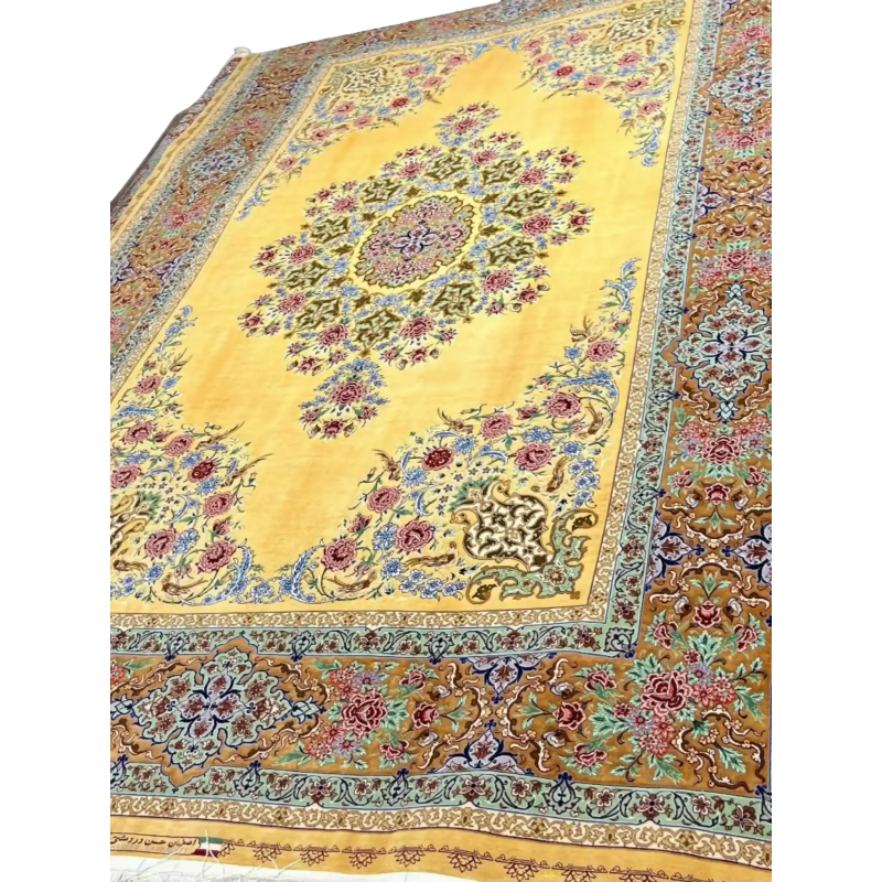 Silk oriental rug showcasing a unique yellow and blue floral design